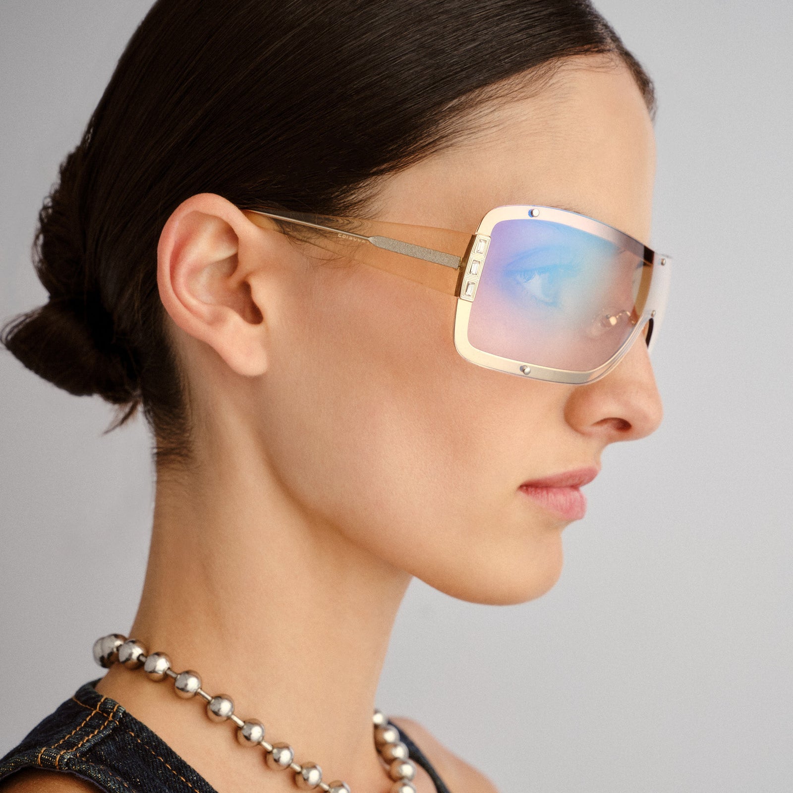 Veiled Bright Gold Sand Female Shield Sunglasses | Le Specs